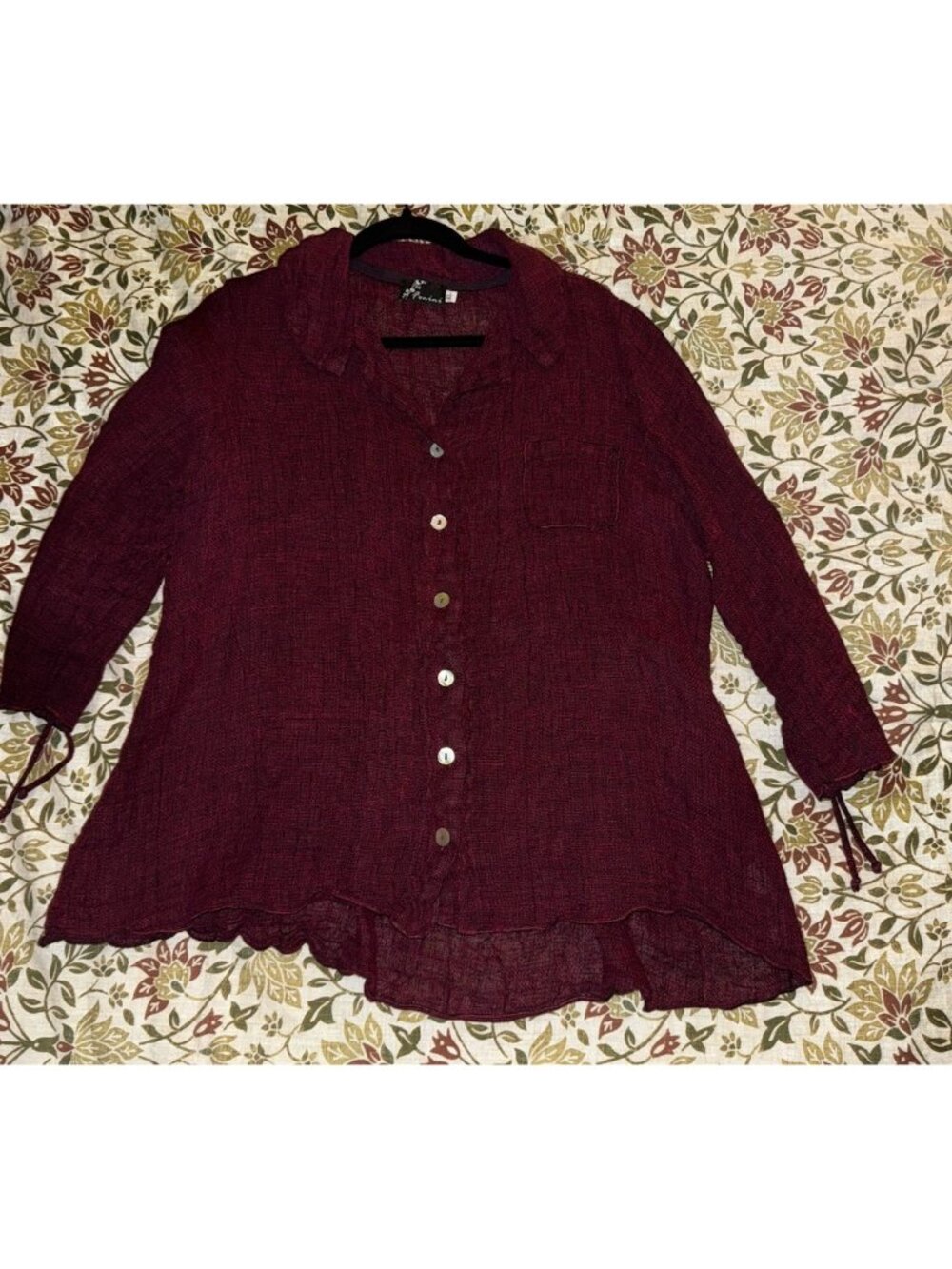 Fenini Lagenlook Cotton Collared Button Down Pocket Jacket Red Burgundy XL